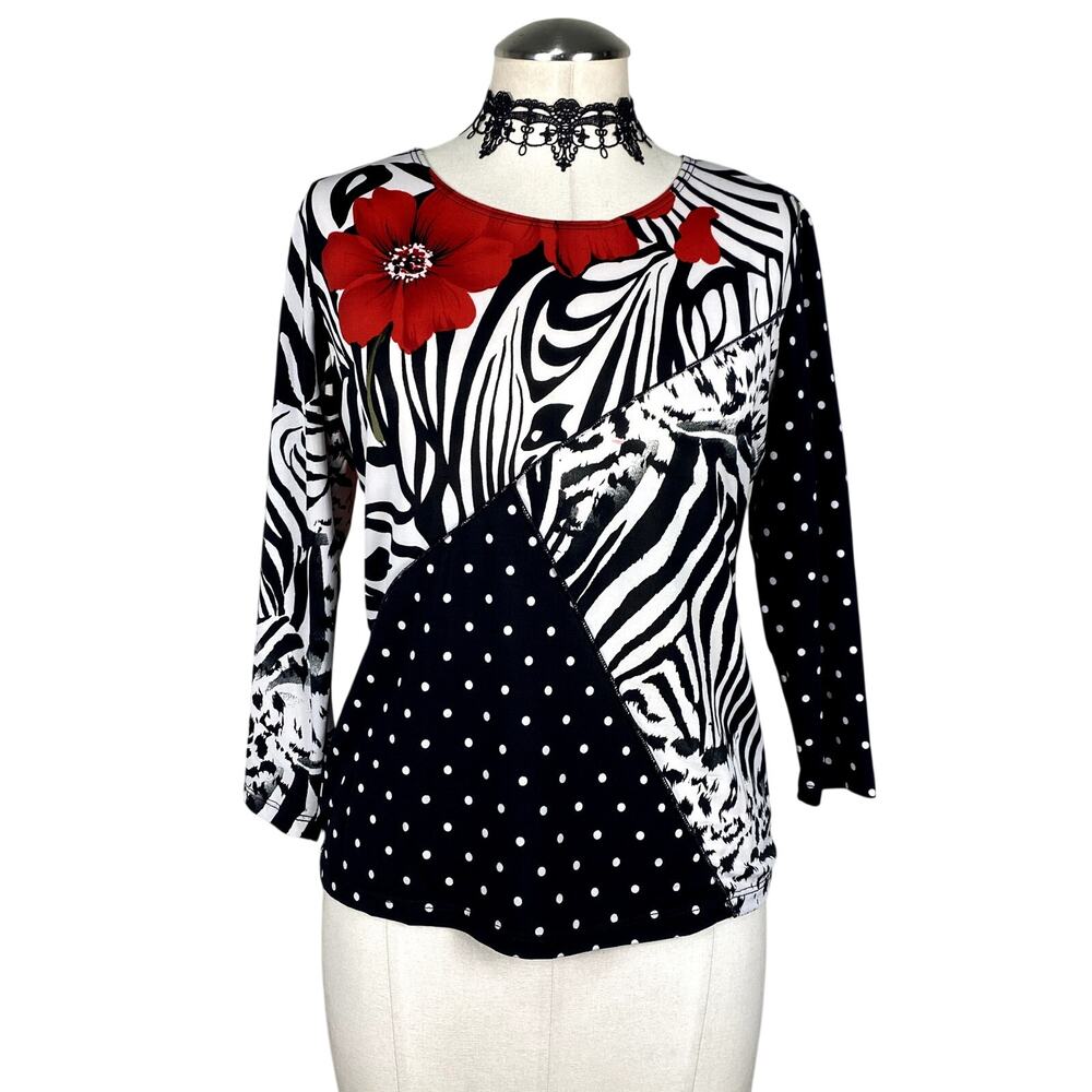 Caia Vtg Y2K Patchwork Zebra Floral Polka Dot Whimsigoth Boho 3/4 Sleeve Top M